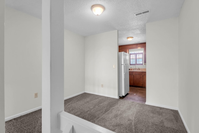 carpeted empty room featuring a sink, baseboards, visible vents, and a textured ceiling