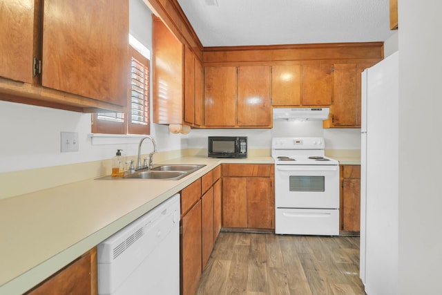 kitchen featuring under cabinet range hood, white appliances, a sink, light wood-style floors, and light countertops