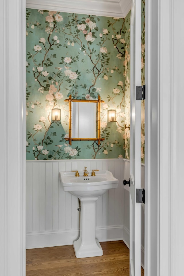 bathroom with wood-type flooring and ornamental molding