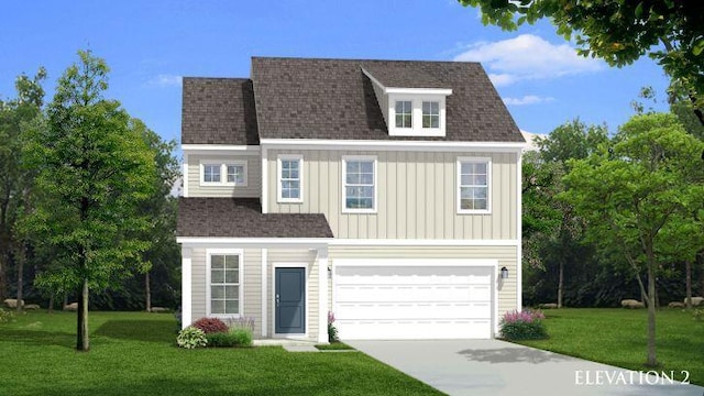 traditional-style home featuring a front yard, a shingled roof, board and batten siding, an attached garage, and driveway