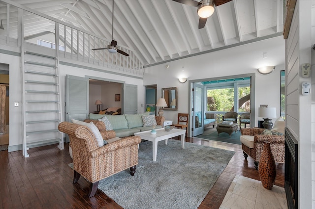2619 Buccaneer Rd, Isle Of Palms, SC 29451 - living area featuring a ceiling fan, high vaulted ceiling, beamed ceiling, and hardwood / wood-style floors