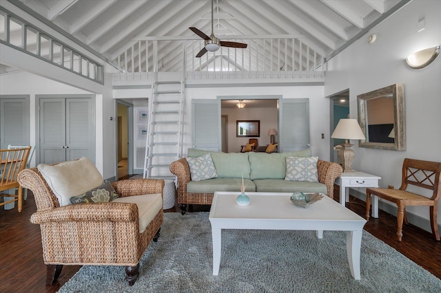 2619 Buccaneer Rd, Isle Of Palms, SC 29451 - living room with high vaulted ceiling, wood finished floors, a ceiling fan, and beam ceiling
