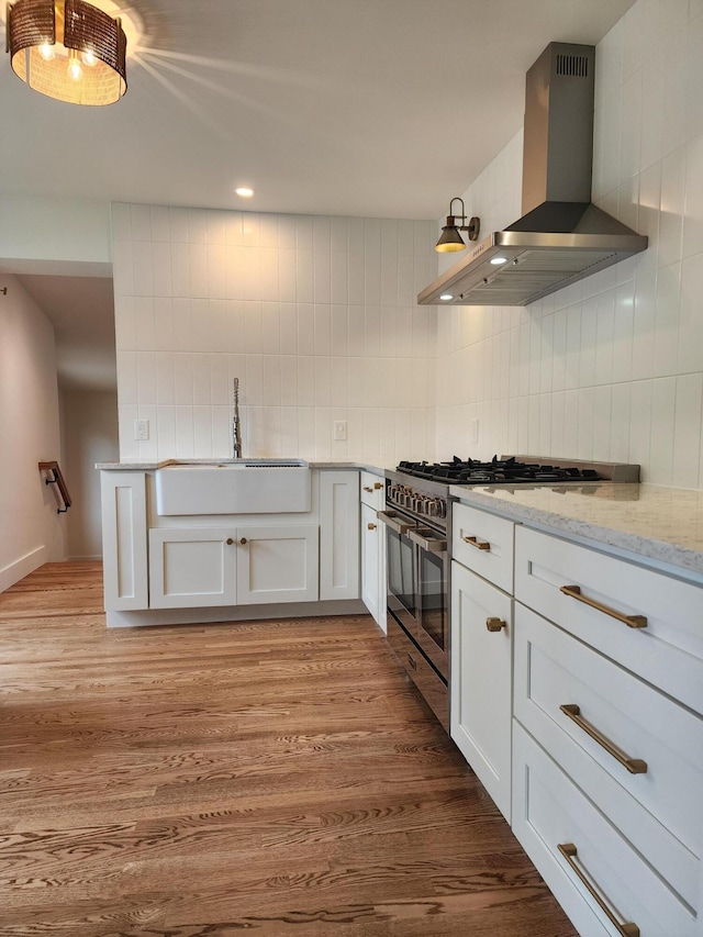 kitchen with wall chimney exhaust hood, white cabinetry, light stone countertops, and sink