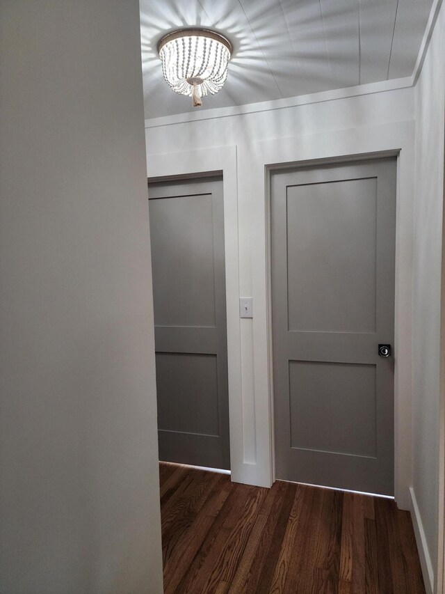 doorway featuring dark hardwood / wood-style floors and a notable chandelier