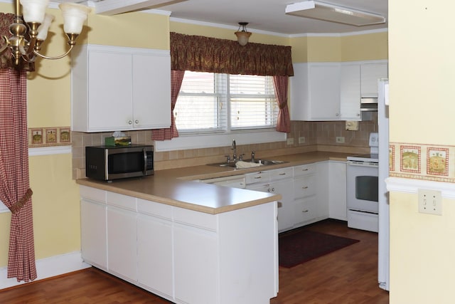 5286 Cameron Rd, Cameron, SC 29030 - kitchen featuring a peninsula, stainless steel microwave, a sink, white electric stove, and backsplash