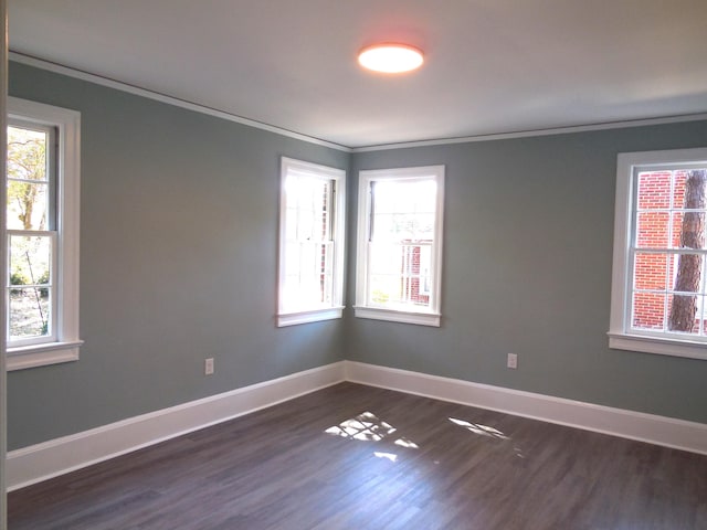 unfurnished room with crown molding and dark hardwood / wood-style flooring