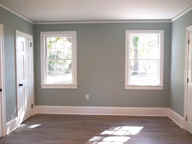 unfurnished room with crown molding, dark hardwood / wood-style floors, and a healthy amount of sunlight