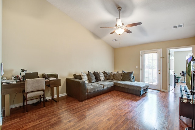 7896 Montview Rd, North Charleston, SC 29418 - living area featuring lofted ceiling, wood finished floors, a ceiling fan, an office area, and baseboards