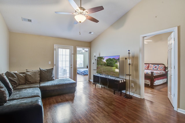 7896 Montview Rd, North Charleston, SC 29418 - living area featuring a ceiling fan, dark wood-type flooring, high vaulted ceiling, and baseboards