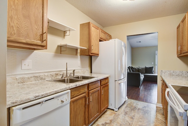 7896 Montview Rd, North Charleston, SC 29418 - kitchen featuring a sink, white appliances, light countertops, open shelves, and tasteful backsplash
