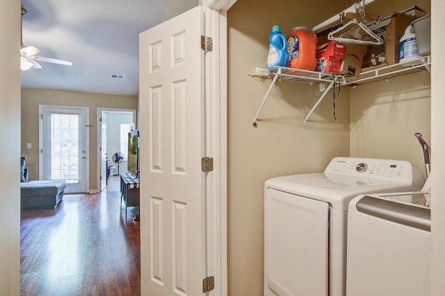 7896 Montview Rd, North Charleston, SC 29418 - laundry room with washing machine and clothes dryer, dark wood finished floors, and a ceiling fan