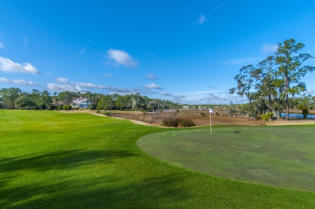 view of property's community with a lawn and golf course view