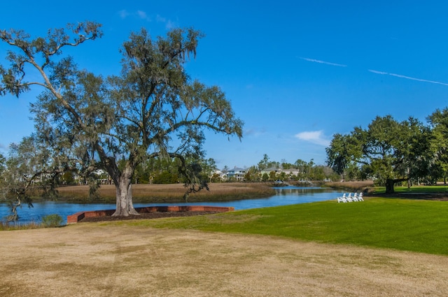 view of property's community featuring a yard and a water view