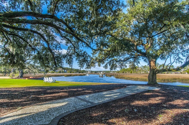 view of community featuring a water view and a lawn