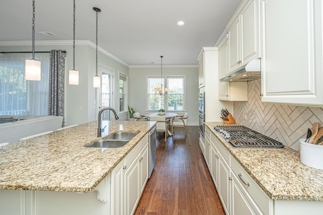 kitchen featuring appliances with stainless steel finishes, dark wood-type flooring, crown molding, under cabinet range hood, and a sink