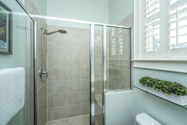 bathroom with a shower stall and toilet