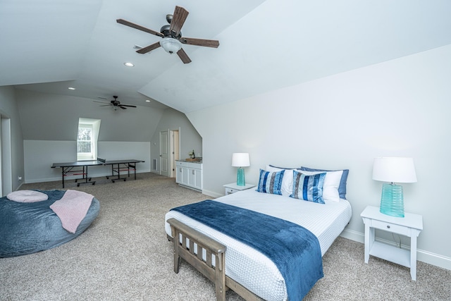 bedroom with recessed lighting, light colored carpet, vaulted ceiling, ceiling fan, and baseboards