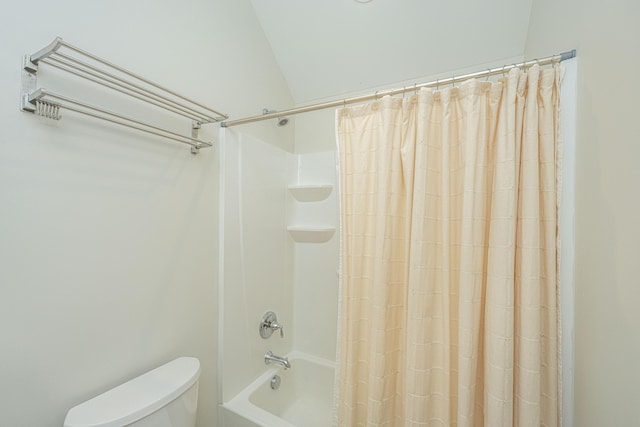 bathroom with toilet and shower / bathtub combination with curtain