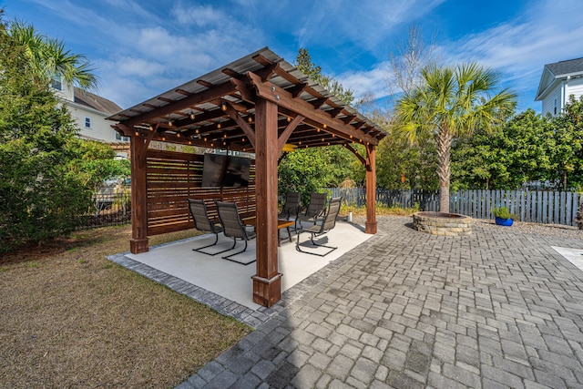 view of patio with an outdoor fire pit and fence