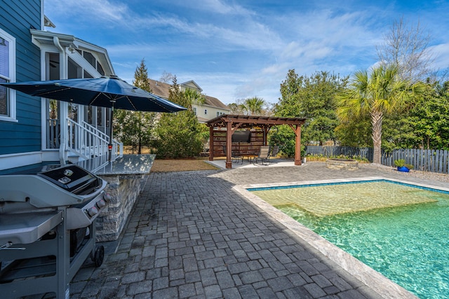 view of pool featuring a fenced in pool, a patio, a fenced backyard, a grill, and a pergola