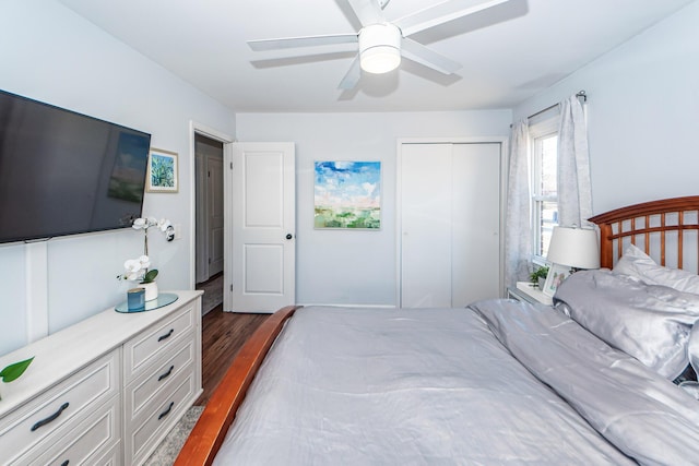 bedroom featuring ceiling fan, dark wood-type flooring, and a closet