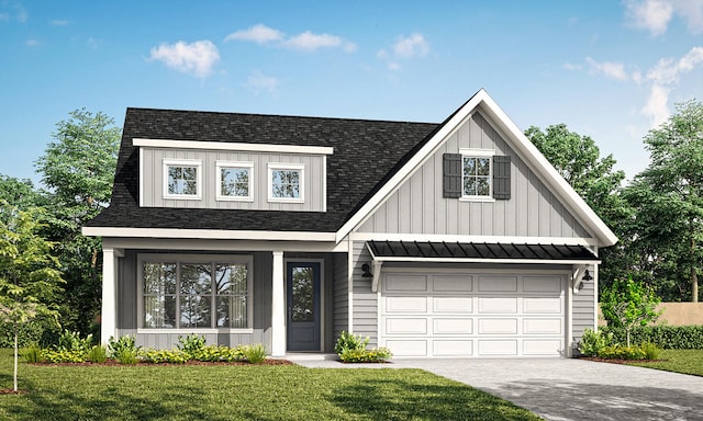 110 Saluda Dr, Santee, SC 29142 - view of front of house with concrete driveway, board and batten siding, roof with shingles, a front yard, and a garage
