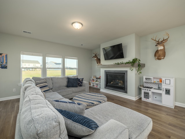 living room featuring dark wood-type flooring