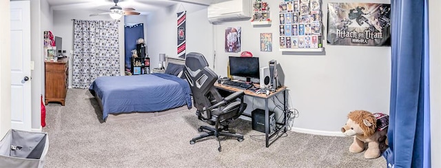 bedroom featuring a wall mounted AC, carpet floors, and ceiling fan