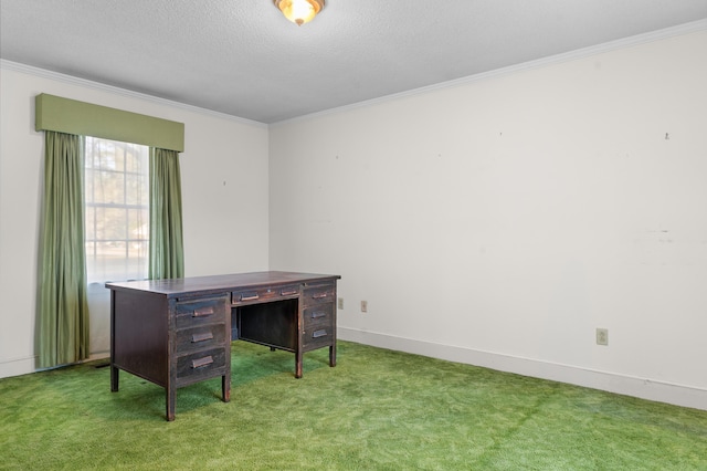 office area with a textured ceiling, baseboards, ornamental molding, and carpet floors