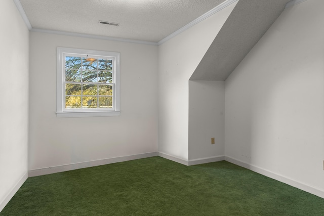 additional living space with baseboards, visible vents, carpet floors, and a textured ceiling