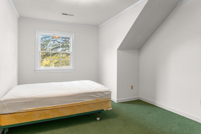bedroom featuring visible vents, crown molding, carpet flooring, and baseboards
