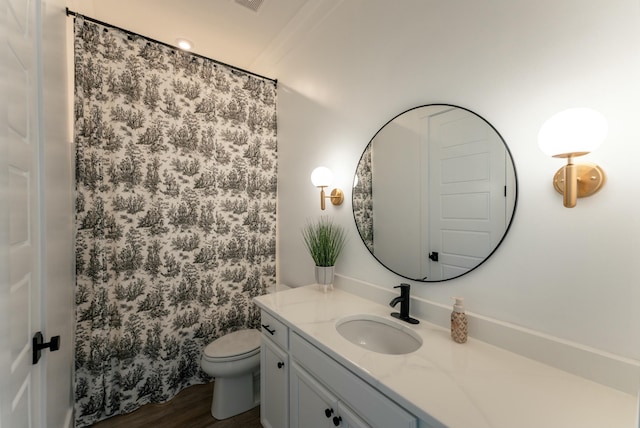 bathroom featuring vanity, curtained shower, wood-type flooring, and toilet