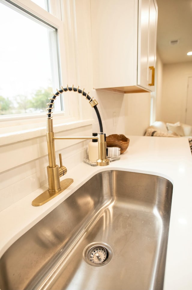 interior details featuring white cabinetry and sink