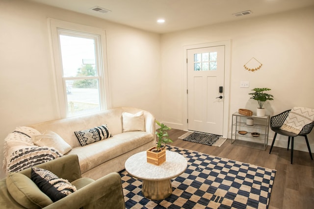 living room with dark hardwood / wood-style flooring