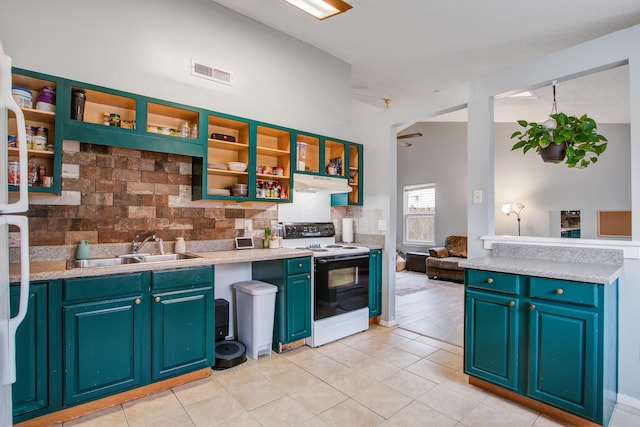 kitchen with open shelves, visible vents, electric range oven, a sink, and under cabinet range hood