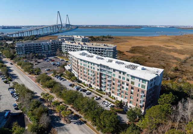 bird's eye view with a water view