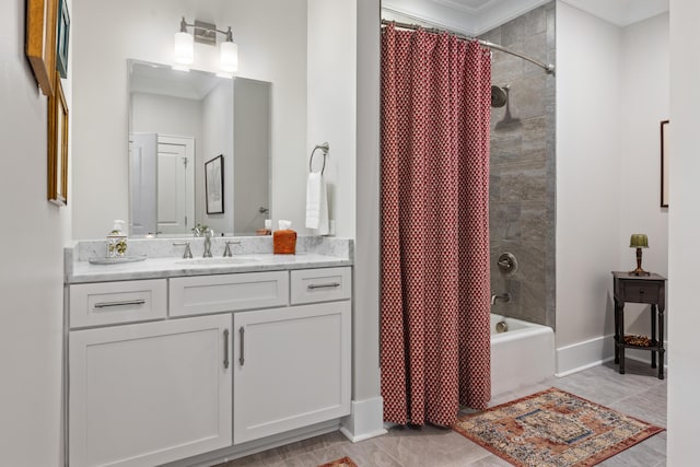 bathroom with ornamental molding, shower / bathtub combination with curtain, tile patterned flooring, and vanity