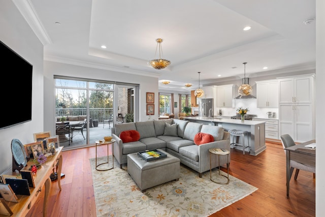 living room with a raised ceiling, ornamental molding, sink, and light hardwood / wood-style floors