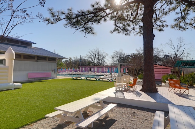 view of yard featuring a community pool and fence