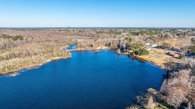 aerial view featuring a water view and a view of trees