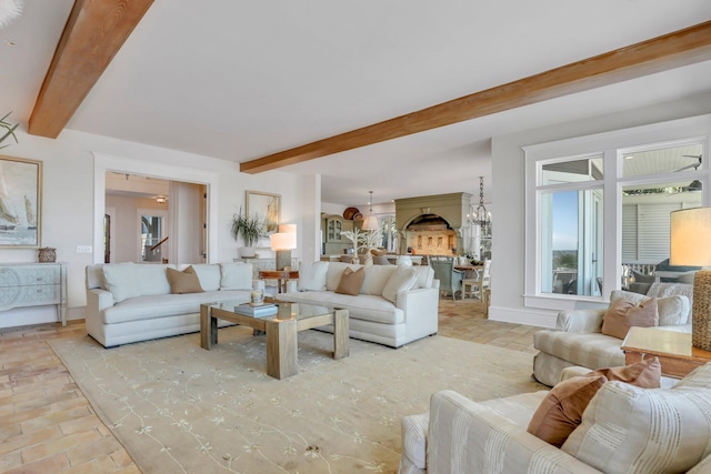 living room with beam ceiling