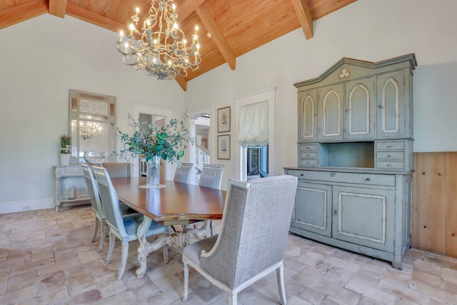 dining space featuring beam ceiling, wooden ceiling, high vaulted ceiling, and a notable chandelier