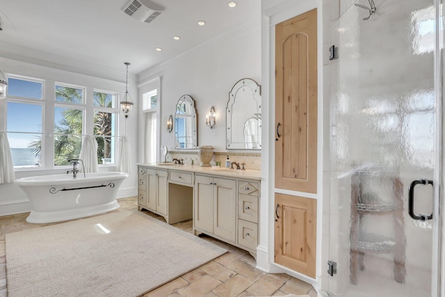 bathroom with vanity, tasteful backsplash, independent shower and bath, and ornamental molding