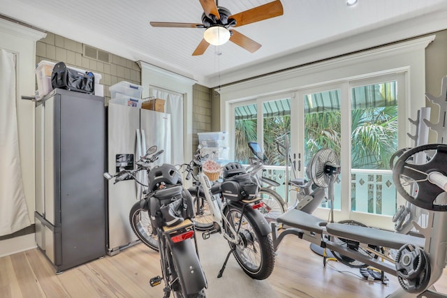 interior space with light hardwood / wood-style floors, ceiling fan, and crown molding