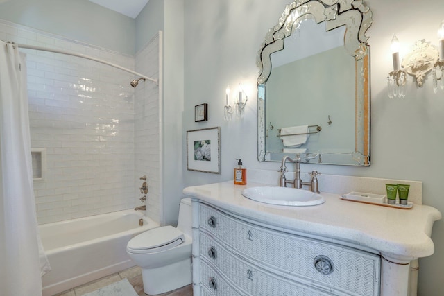 full bathroom with shower / bath combination with curtain, vanity, toilet, and tile patterned floors