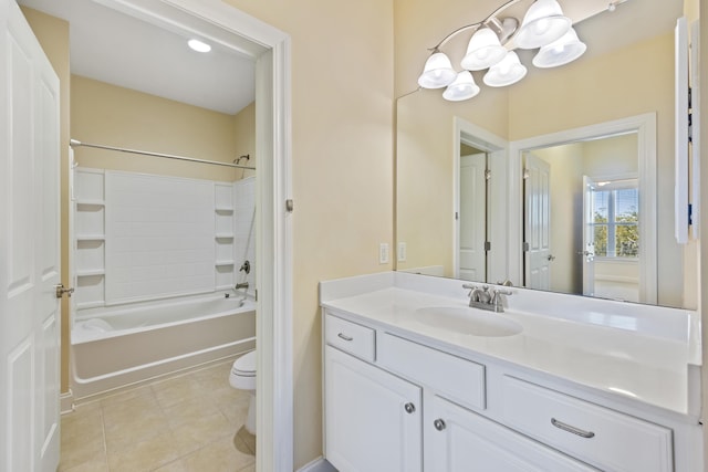 bathroom with a chandelier, shower / washtub combination, toilet, tile patterned floors, and vanity