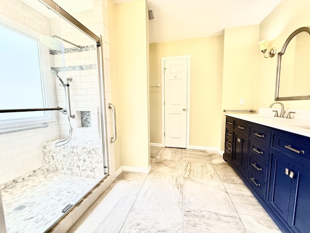209 Myrtlewood Dr, Santee, SC 29142 - bathroom with a shower stall, double vanity, and marble finish floors
