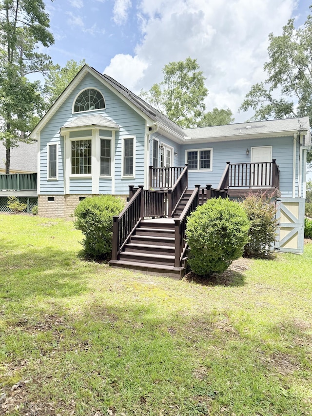 209 Myrtlewood Dr, Santee, SC 29142 - rear view of house featuring a deck, stairs, a lawn, and crawl space