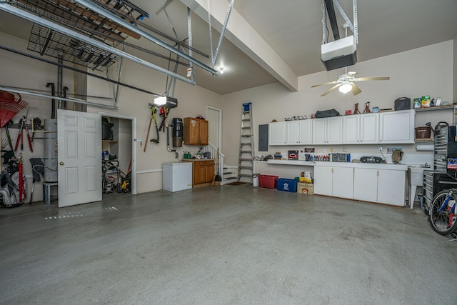 garage featuring a ceiling fan, a garage door opener, and electric panel