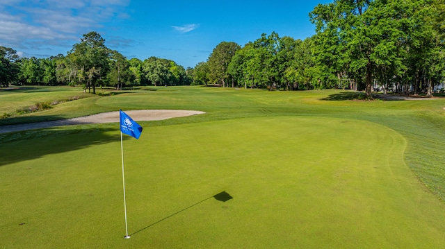 view of community with golf course view and a yard